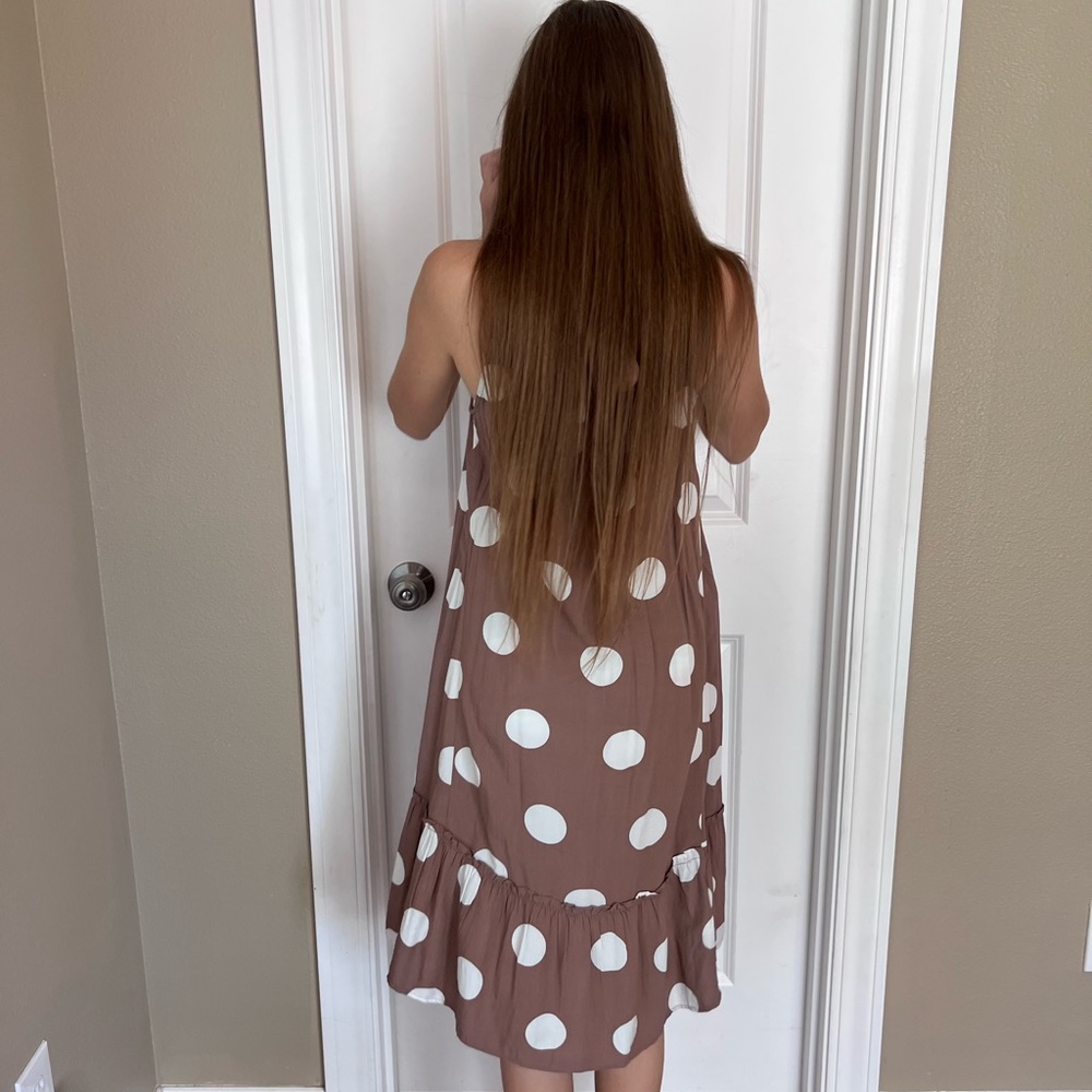 Large polka dots brown summer dress by LOFT. Xxs Petite size